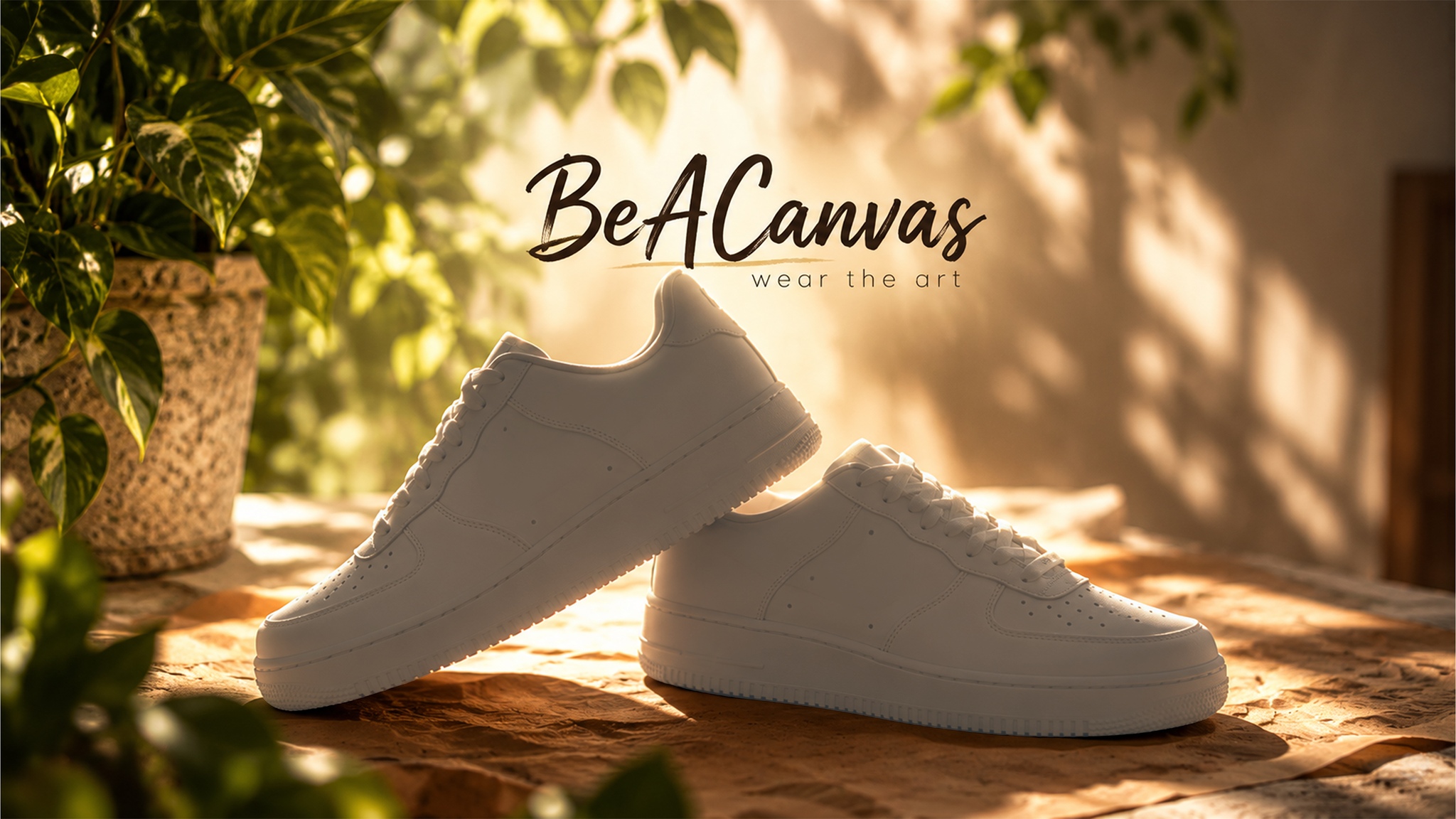BeACanvas — wear the art. Fehér cipősziluettek napfényes, növényekkel körülvett műhelyben.